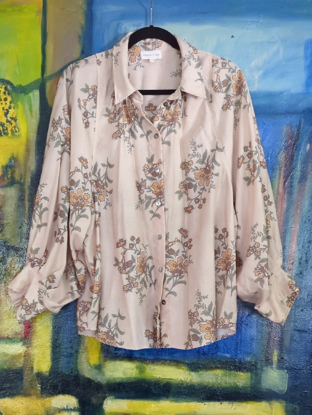 Entro Floral Oversized Balloon Style Sleeves Button Down Size Large